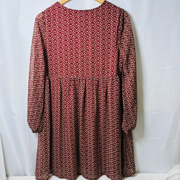 Jodifl Boho Floral V-Neck Dress Brown & Navy Lined Long Sleeve Size S Runs Big - Picture 3 of 4